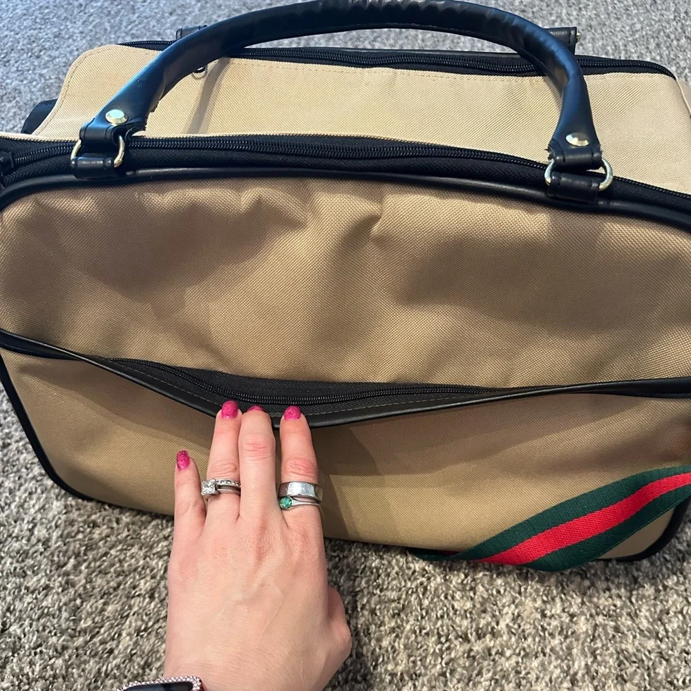 Tan Pet carrier bag with Striped Accents.